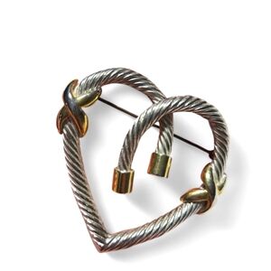 Two tone twisted rope X accent Heart shape brooch